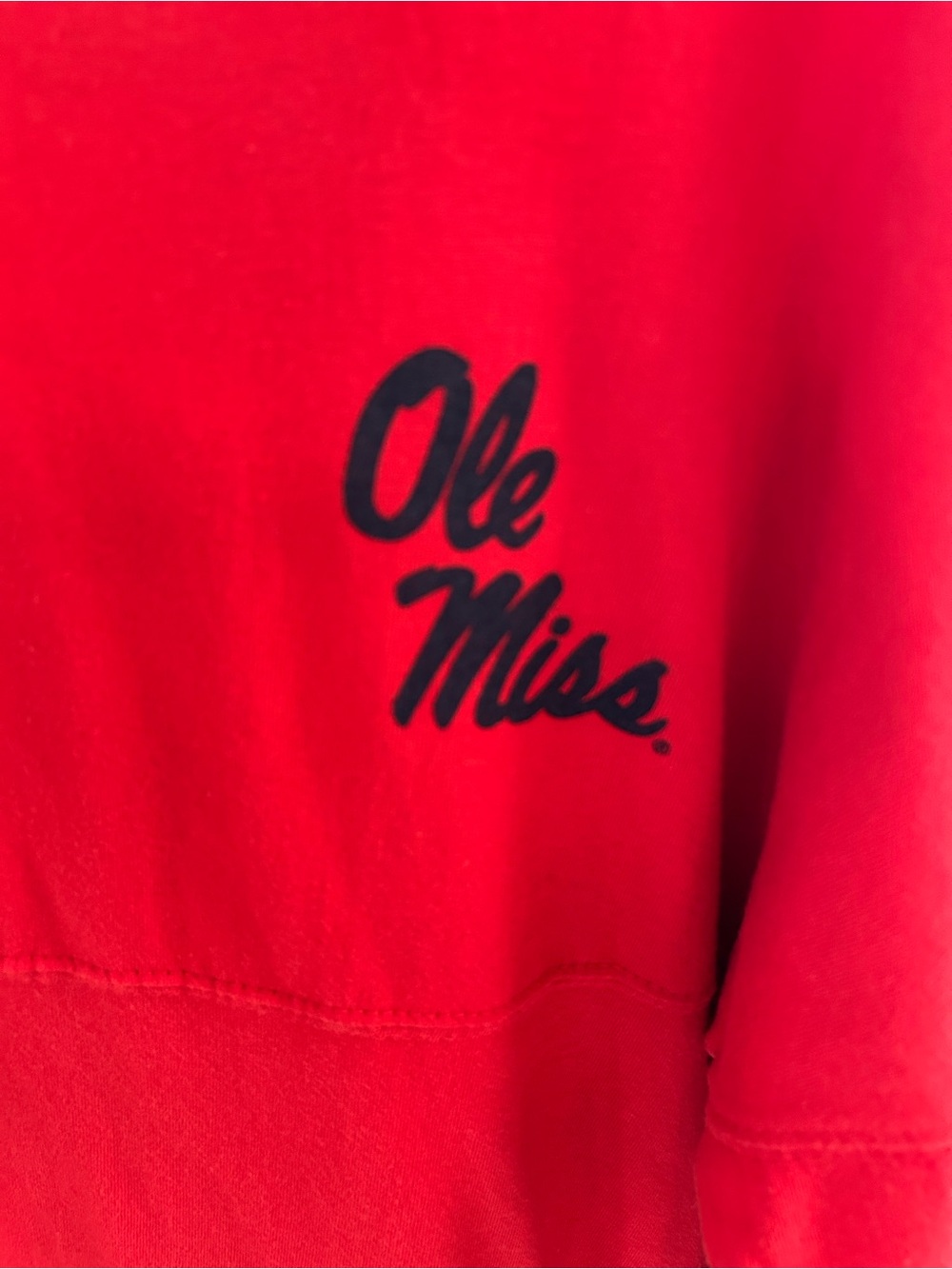 Pressbox Female Youth Ole Miss Long Sleeve Red Crewneck Shirt with Navy Script - Picture 5 of 7